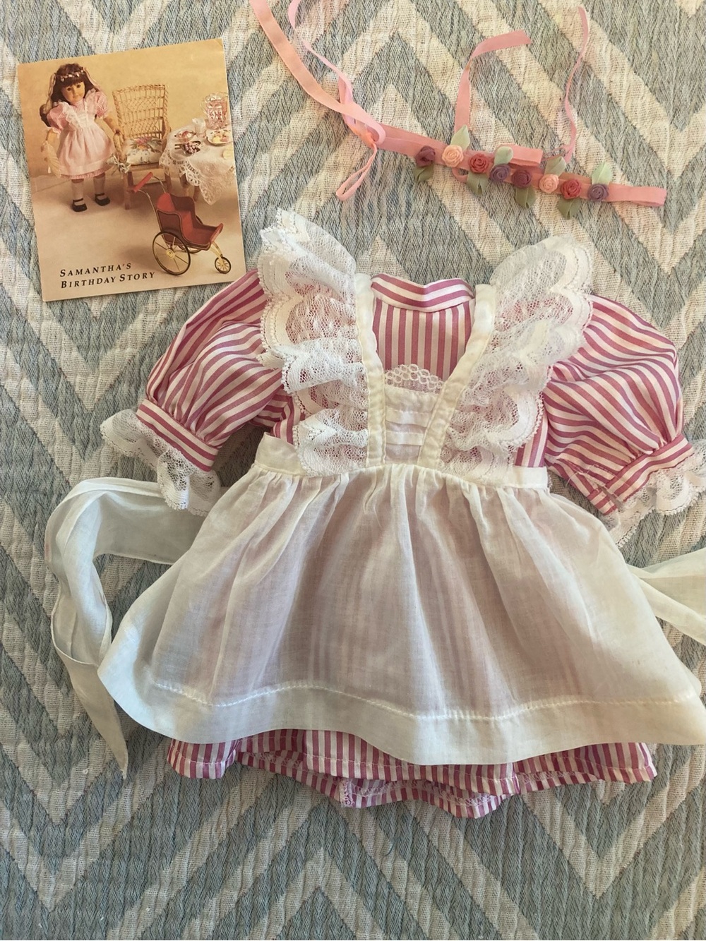 American Girl Pink and White Striped Dress with Lace Trim